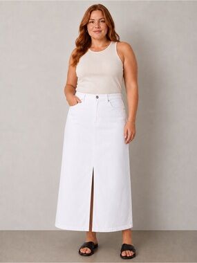 Eileen Fisher Organic Cotton Denim Maxi Skirt A Line Front Slit White XL NWT
